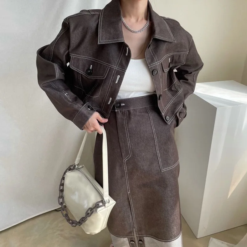 2022 Spring Autumn Retro Two-Piece Suit Single-Breasted Long-Sleeved Denim Jacket+High Waist Color Block Split Skirt for Women