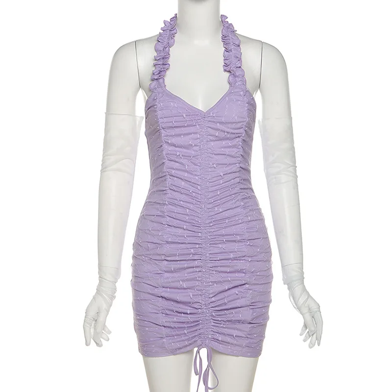 

ALLNeon 2000s Backless Drawstring Lace Trim Vintage Halter Dress Y2K Fashion Ruched Ruffles Bodycon Mini Dresses Sweet Outfits