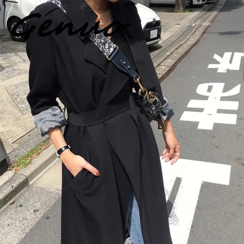 Тренчкот женский черного цвета на шнуровке тонкий осень | Женская одежда