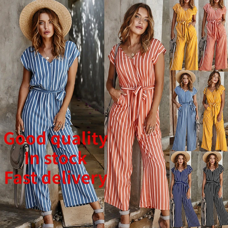 

2021 spring and summer casual jumpsuit stripes pants women punk pants wide leg pants