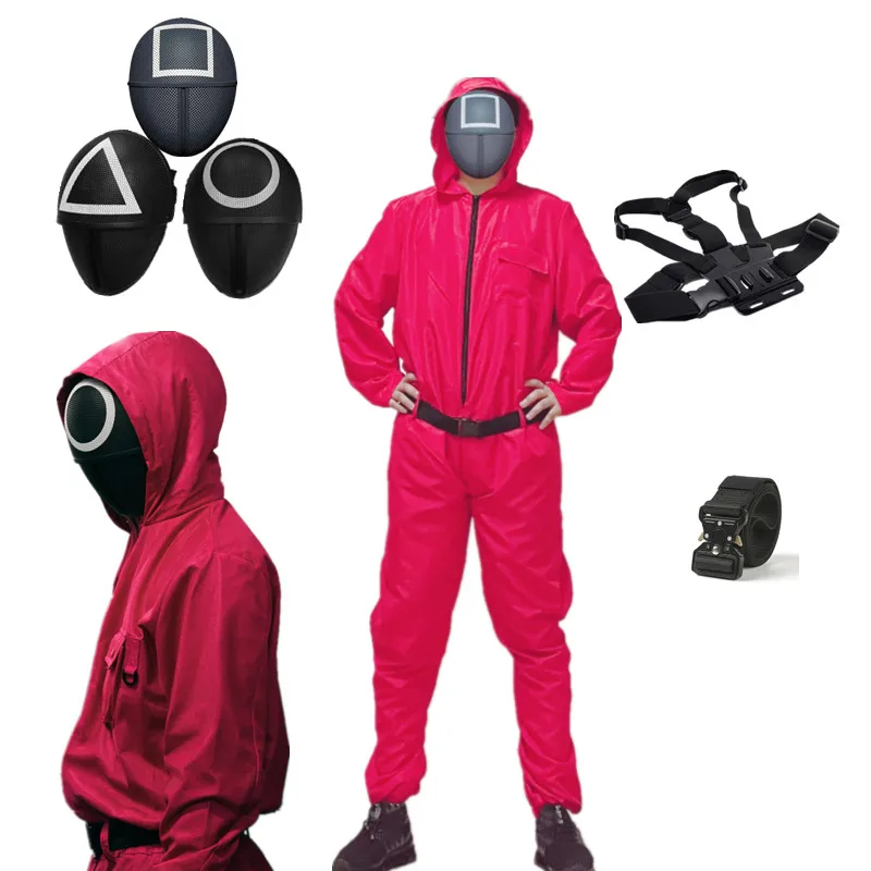 

game Squid Villain Red Jumpsuit Cosplay Costumes Round Six Npc Circle Triangle Square Mask Strap Belt Accessories Halloween