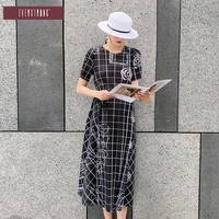 changpleat 2021 summer new miyak pleated women dress fashion lattice design short sleeve loose large size belt dresses