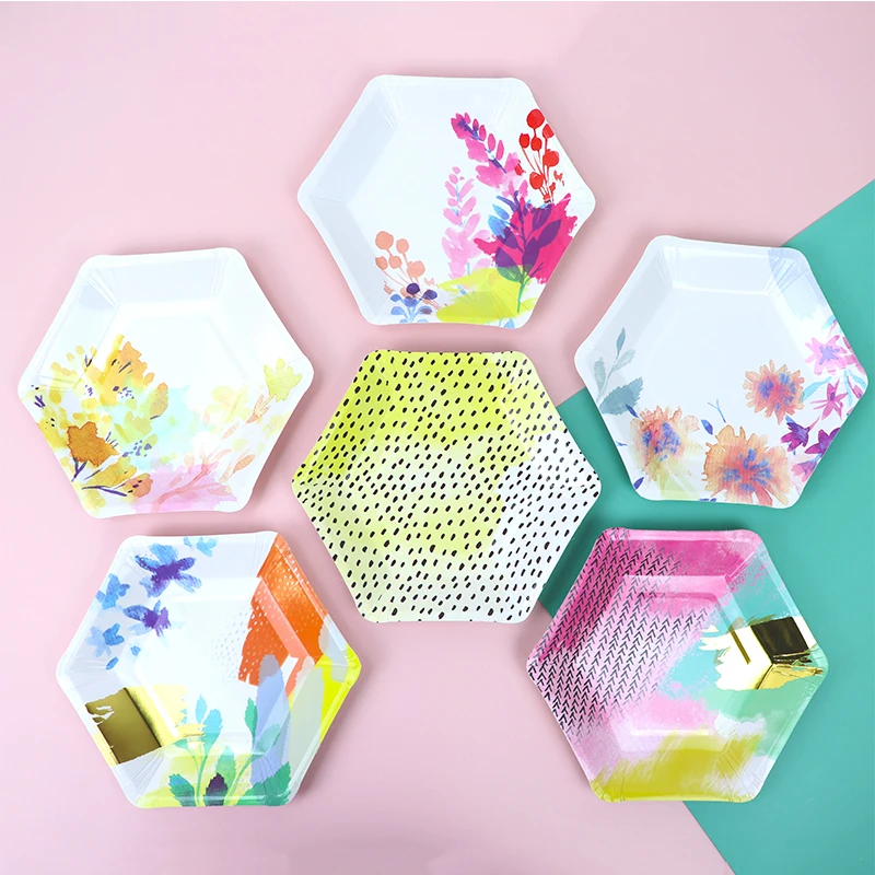 12pcs Gilding Flower Paper Plates Cake Hexagon Dishes Baby Shower Birthday Party Wedding Anniversary Disposable Tableware | Дом и сад