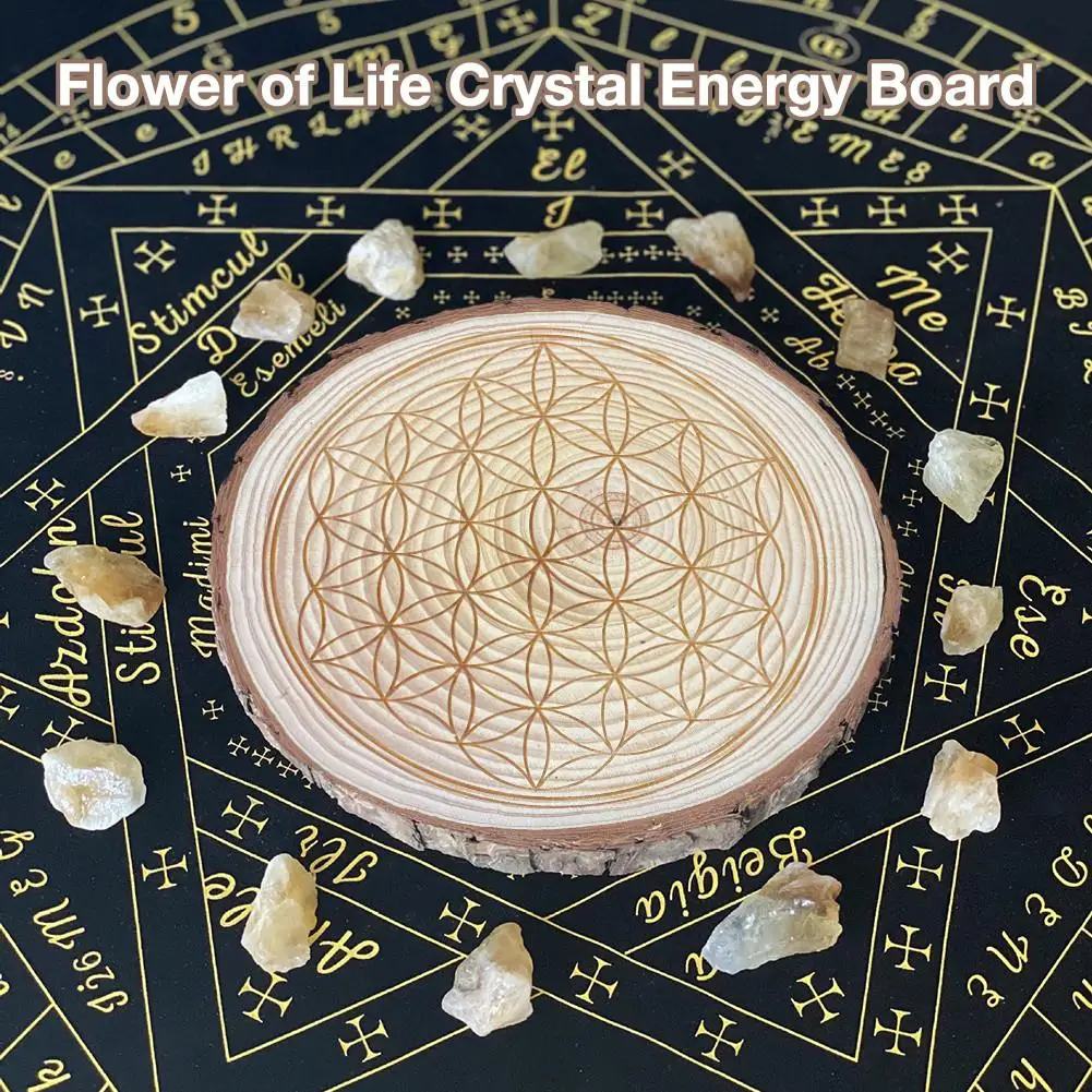 

22-25cm Flower of Life Wooden Crystal Pedal Board Ornament Witch Wooden Divination Props DIY Log carved astrolabe