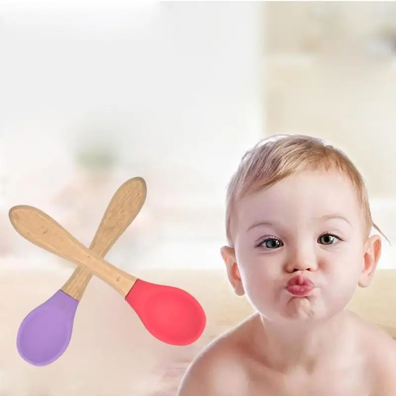 Cuchara de silicona de madera para beb&eacute;, vajilla de suplemento alimenticio para ni&ntilde;os, cuchara de entrenamiento con mango de madera para alimentaci&oacute;n segura-3