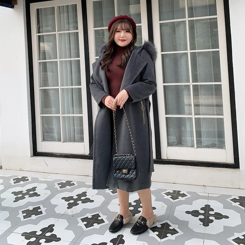 Пальто женское Шерстяное с меховым воротником поясом Осень-зима - Цена: 26524.03