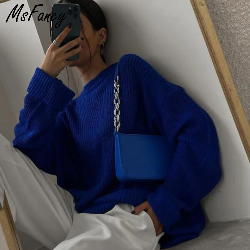 Женский трикотажный пуловер с круглым вырезом и длинным рукавом | Женская одежда