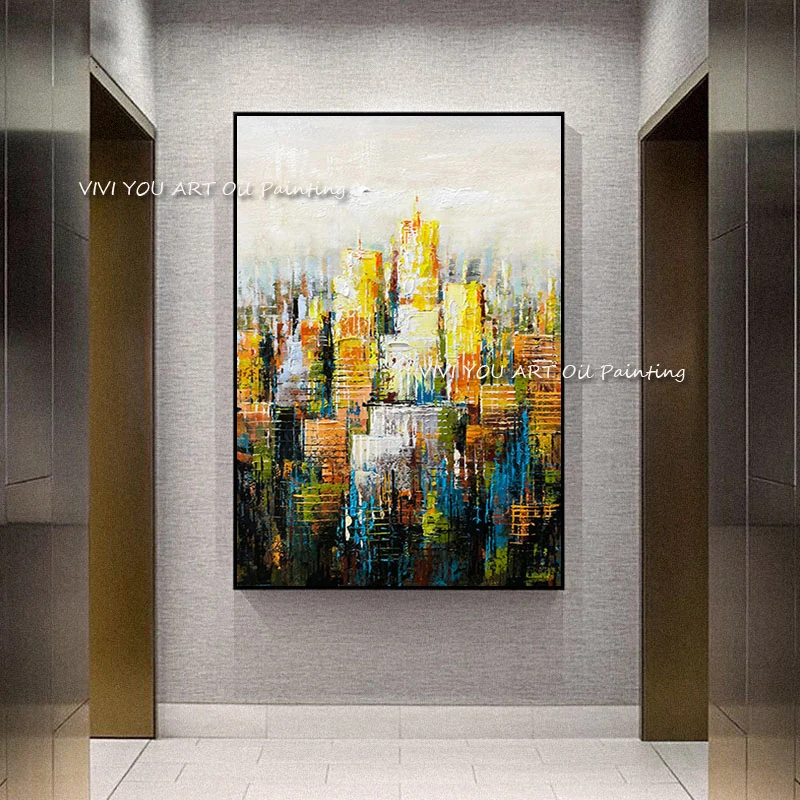 

Современная картина ручной работы 100%, абстрактная текстурированная желтая пейзаж, городская картина маслом, здания, холст, Настенная картина для гостиной, офиса