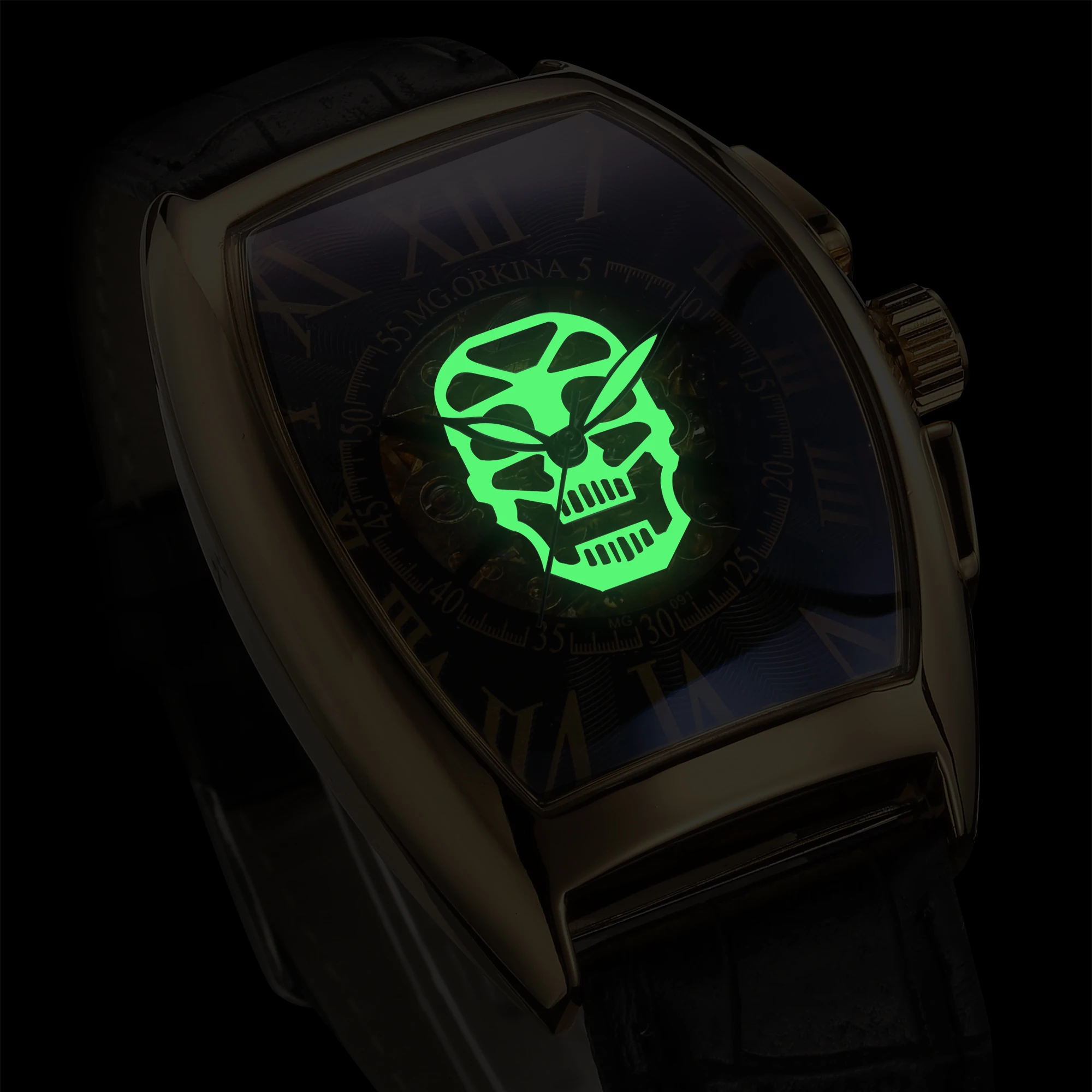 

MG.ORKINA Mens Automatic Business Dress Tonneau Shaped Skull Skeleton Wrist Watch Mechanical Self Wind