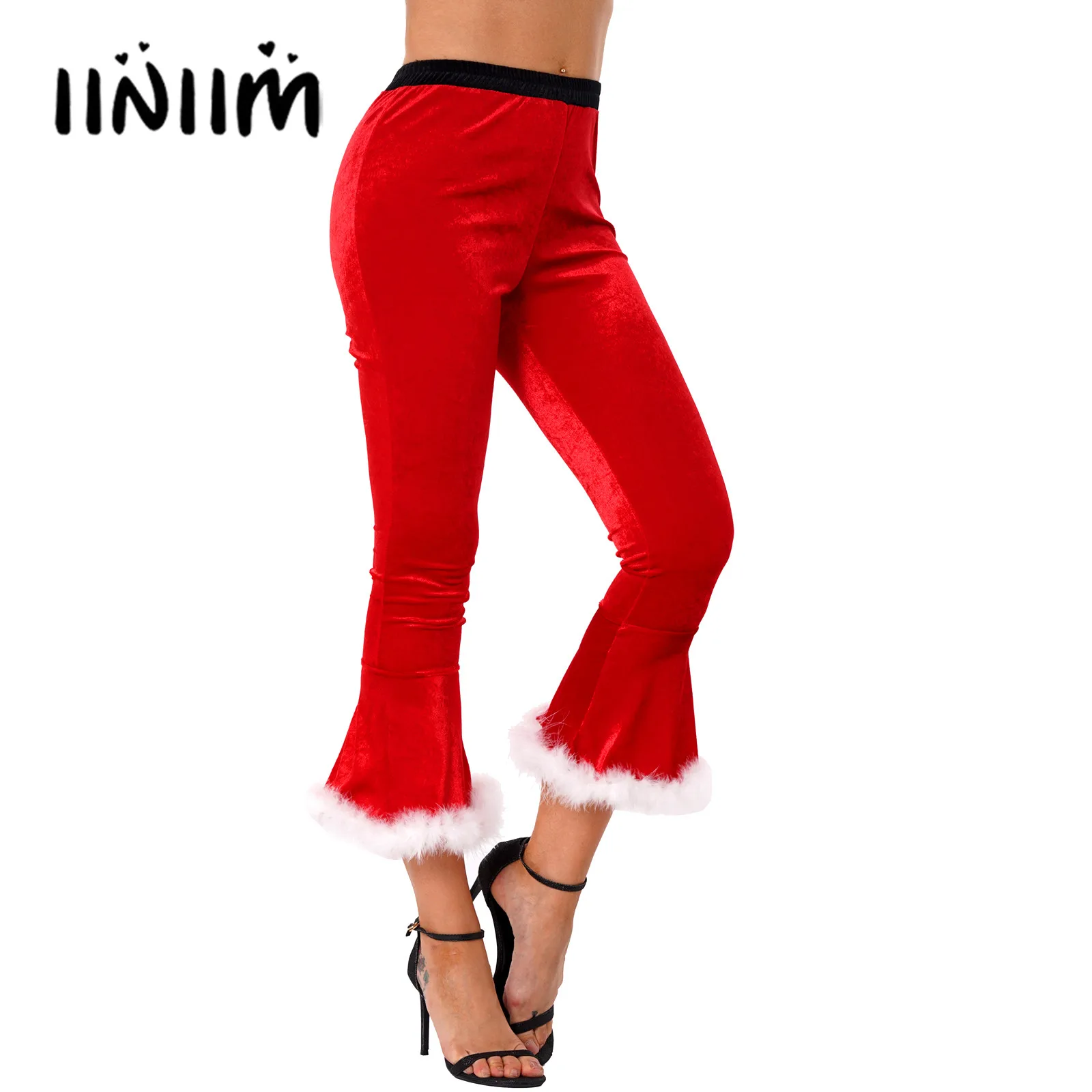 

Red Womens Christmas Santa Claus Faux Fur Adorned Flared Pants Bell Bottom Elastic Waistband Carnival Theme Party Pants Clothing