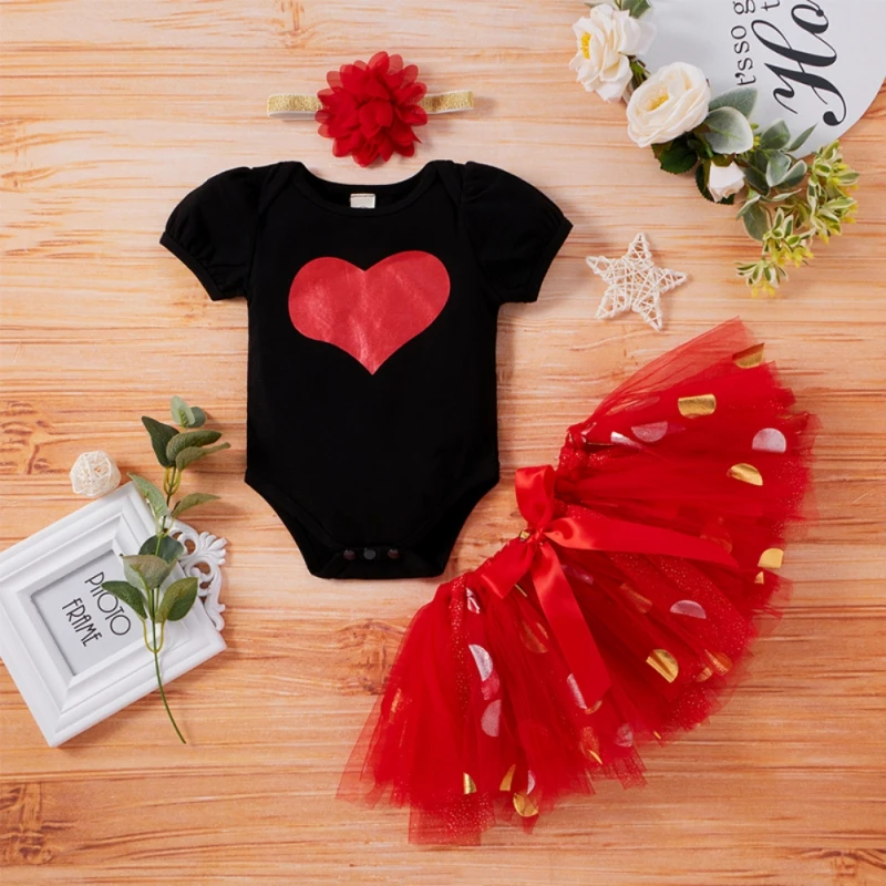 

Bobora 2021 Fashion Newborn Toddler Baby Girls Clothes Sets Black Love Short Sleeve Romper Top Mesh Skirt Headband 3pcs Sets