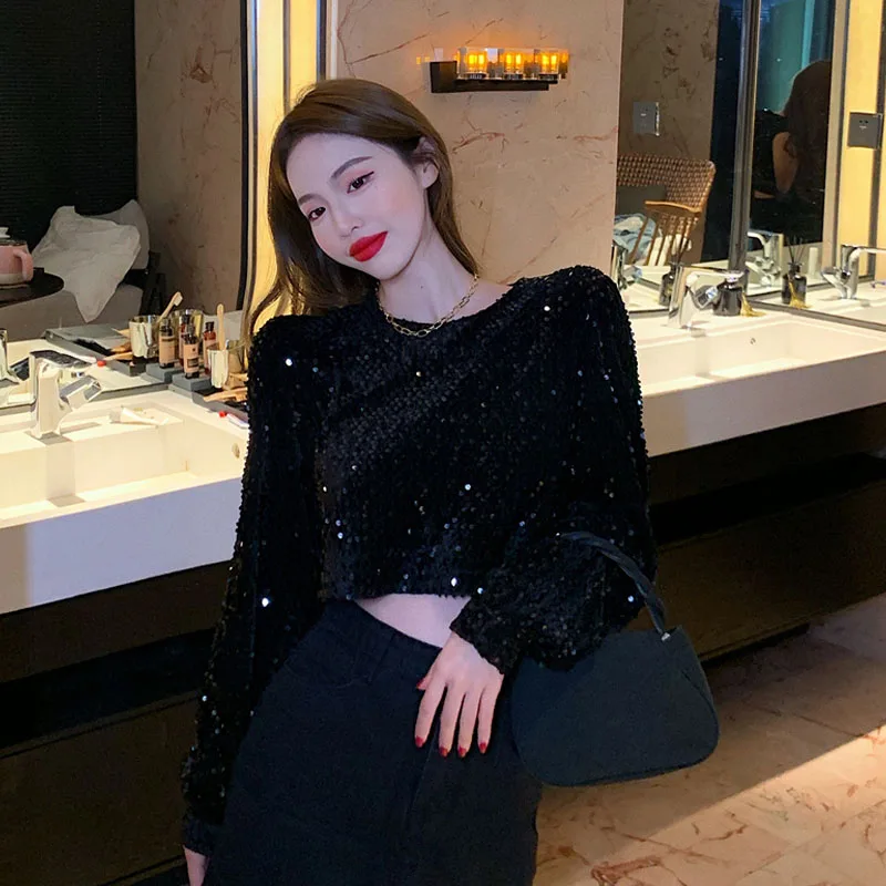 

Zaraing 2021 Spring and Autumn new light fall round Sexy neck long sleeve loose t-shirts sequins bind backless top female