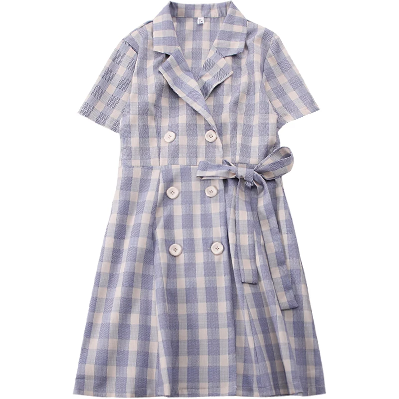 

2020 Summer New Women Dress Notched Slim Purple Bow Knot Plaid Dress Casual Loose Button Mid Calf Dress Femme