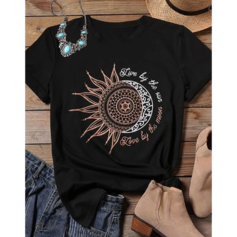 

women casual fashion t-shirt letter sun moon print loose o-neck short sleeve elastic stretched tshirt summer tops new