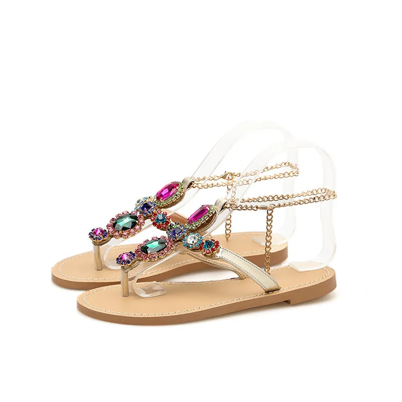 

High quality Gladiator Rhinestone Flats Women Sandals Shoes Bohemia Crystal Beach Shoes Rubber sole Fow Summer Women