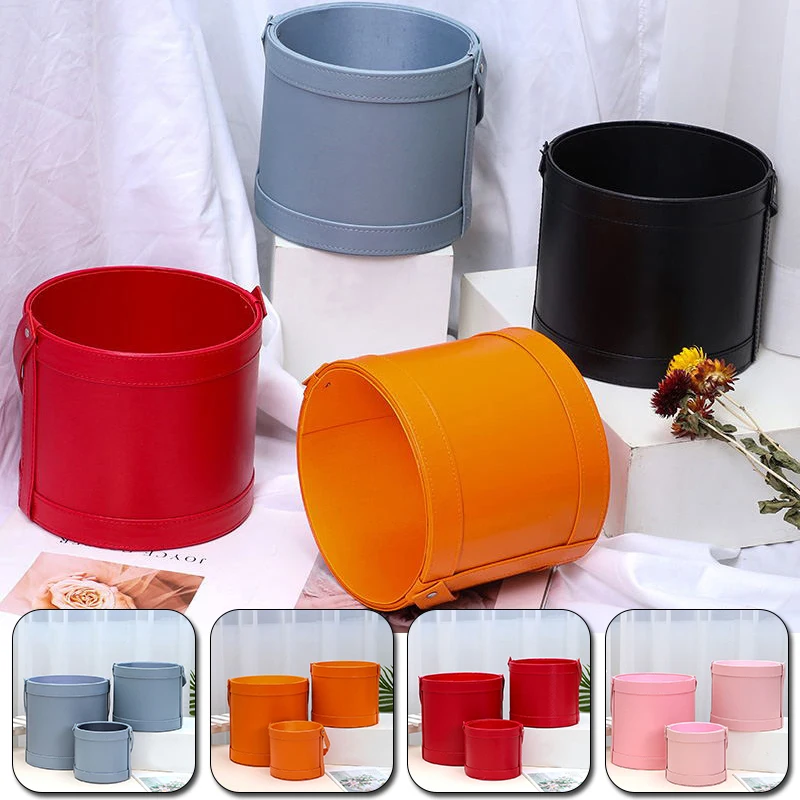 

Leather Round Portable Hug Bucket Gift Box Valentine'S Day Flower Arrangement Gift Box Christmas Solid Color Flower Gift Box