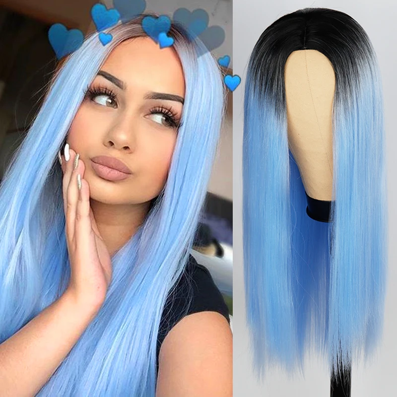 

Synthetic Wigs Long Straigh Ombre Blue Green For Women 24 inch Black Purple Wigs can be Cosplay Heat Resistant Wigs MISS QUEEN
