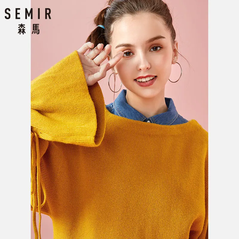 SEMIR Women Fine Knit Sweater with Drawstring Trumpet Sleeve Womens Pullover Ribbing at Neckline Cuff and Hem for Winter | Женская