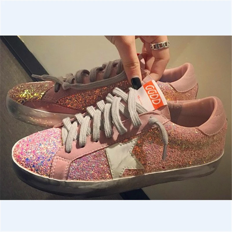 

Large Size 44 Sequined Retro Lace-up Casual Sports Women Shoes White Shoes Student Fashion Trend Flat-heeled Rubber Women Shoes