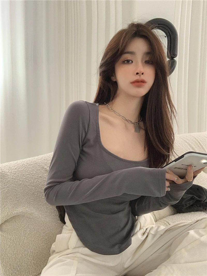 

Solid Basic Long Sleeve Women T Shirt Black White Casual Fashion Crop Top Korean Fashion Women Tee Shirt