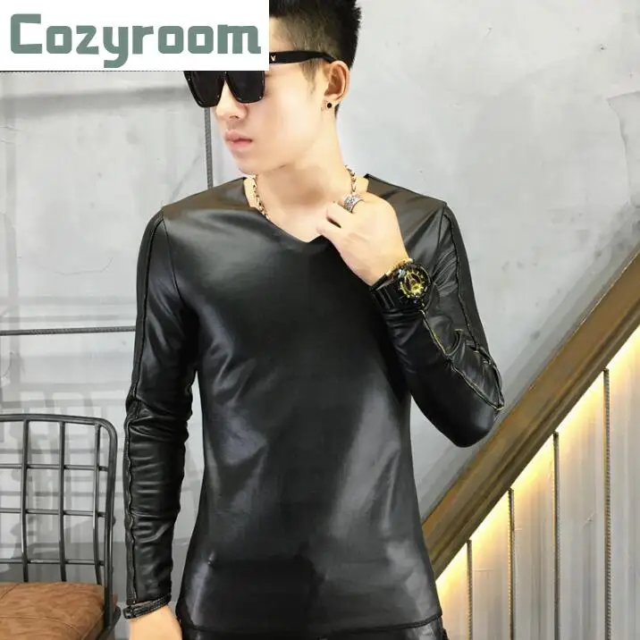 

New autumn winter long-sleeved tight male tide V collar PU leather primer shirt leather t-shirt Korean Men Slim warm clothes