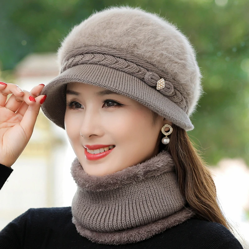 New Women Winter Hat Keep Warm Cap Add Fur Lined Hat And Scarf Thick Warm Set For Female Casual Rabbit Fur Knitted Bucket Hat