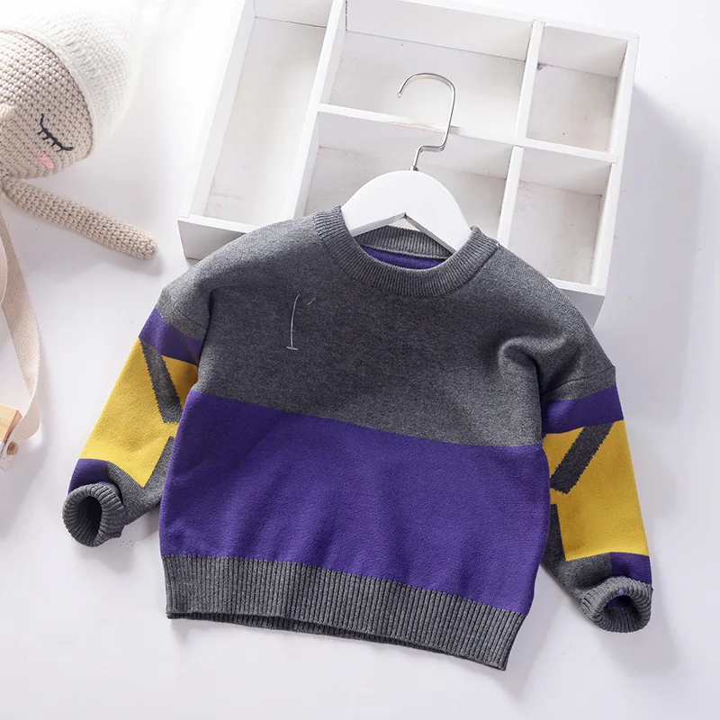 Серый cotton spliced color boys sweaters warm kids winter knitted wear elegant pullover children's clothing winter fall - Цвет: Серый