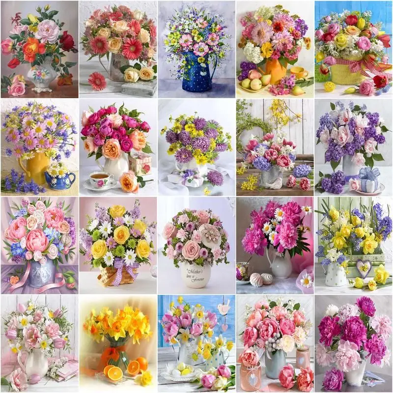 

CHENISTORY Coloring By Number Flower HandPainted DIY Gift Kit Drawing On Canvas Oil Painting vase Picture Wall Art Home Decor