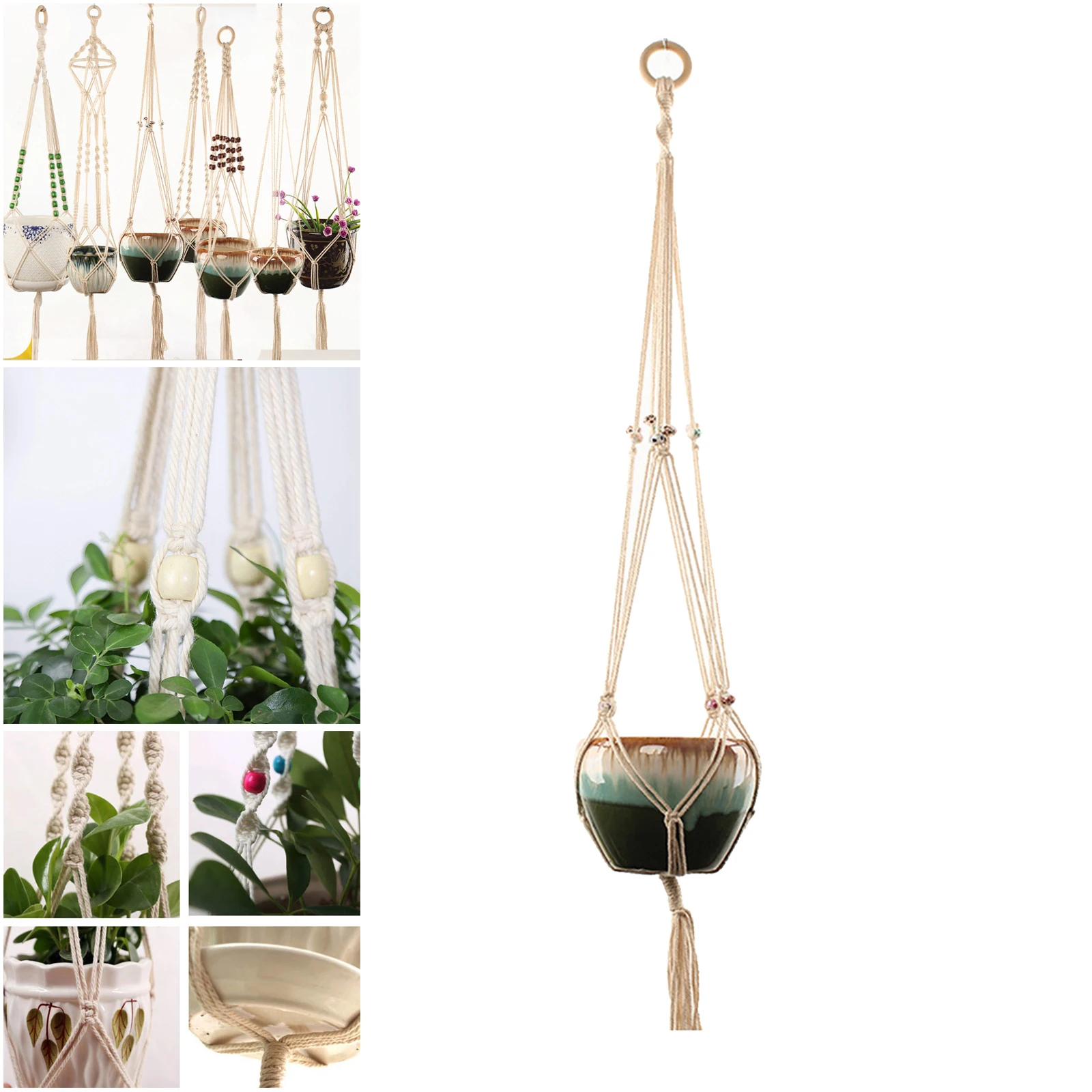 

Macrame Plant Hanger Knitted Cord Flowerpot Holder Rack 100cm with Ring for Decor Countyard Tree