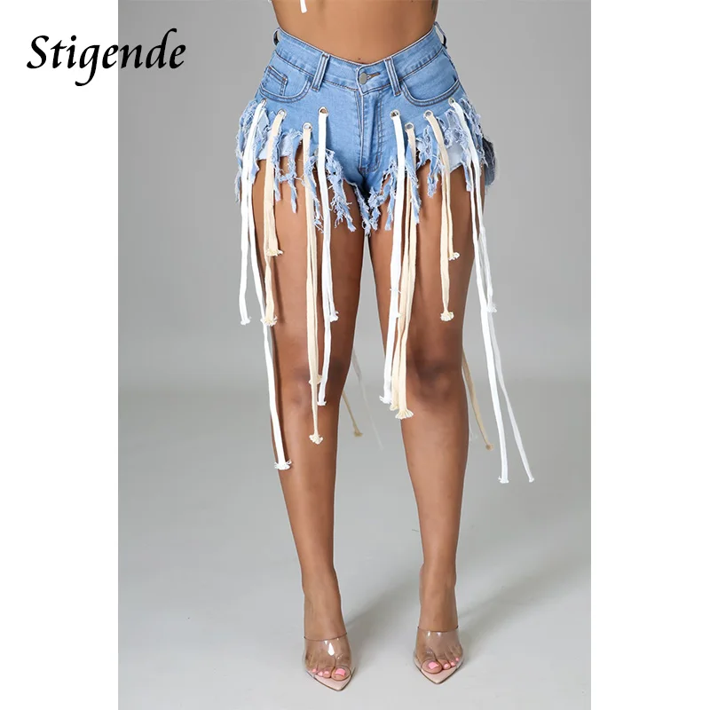 

Stigende Women Sexy Patchwork Ripped Short Jeans Fringe Tassel Shredded Denim Shorts Plus Size Summer Party Shorts Club Wear