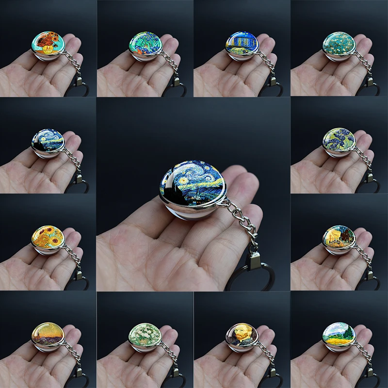 

Van Gogh Painting Art Keychain Fashion Crystal Ball Decoration 35mm Glass Ball Convex Key Ring Starry Sky Map Sunflower Jewelry