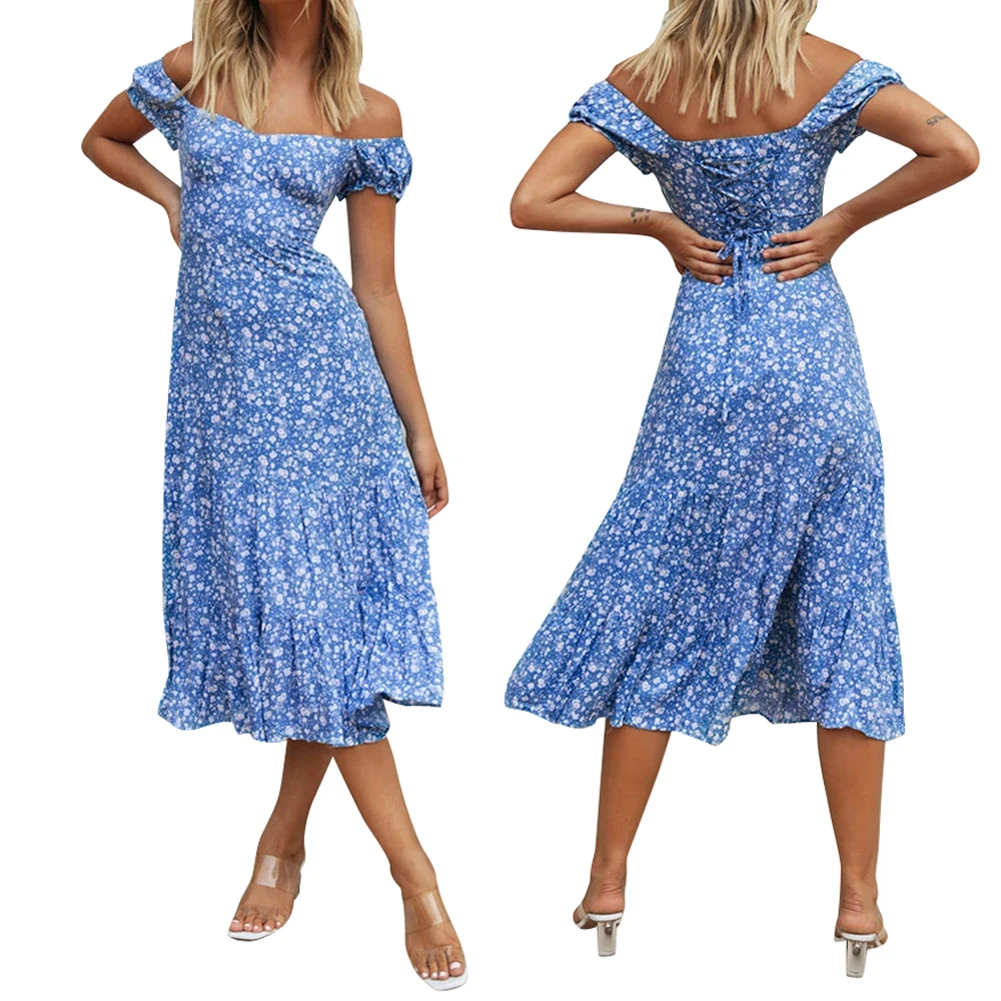 

Women's Summer Slash Neck Printed Boho Fit and Flare Maxi Dresses Pleated Cuffs Draped Ribbons Design Mid-Calf Dress