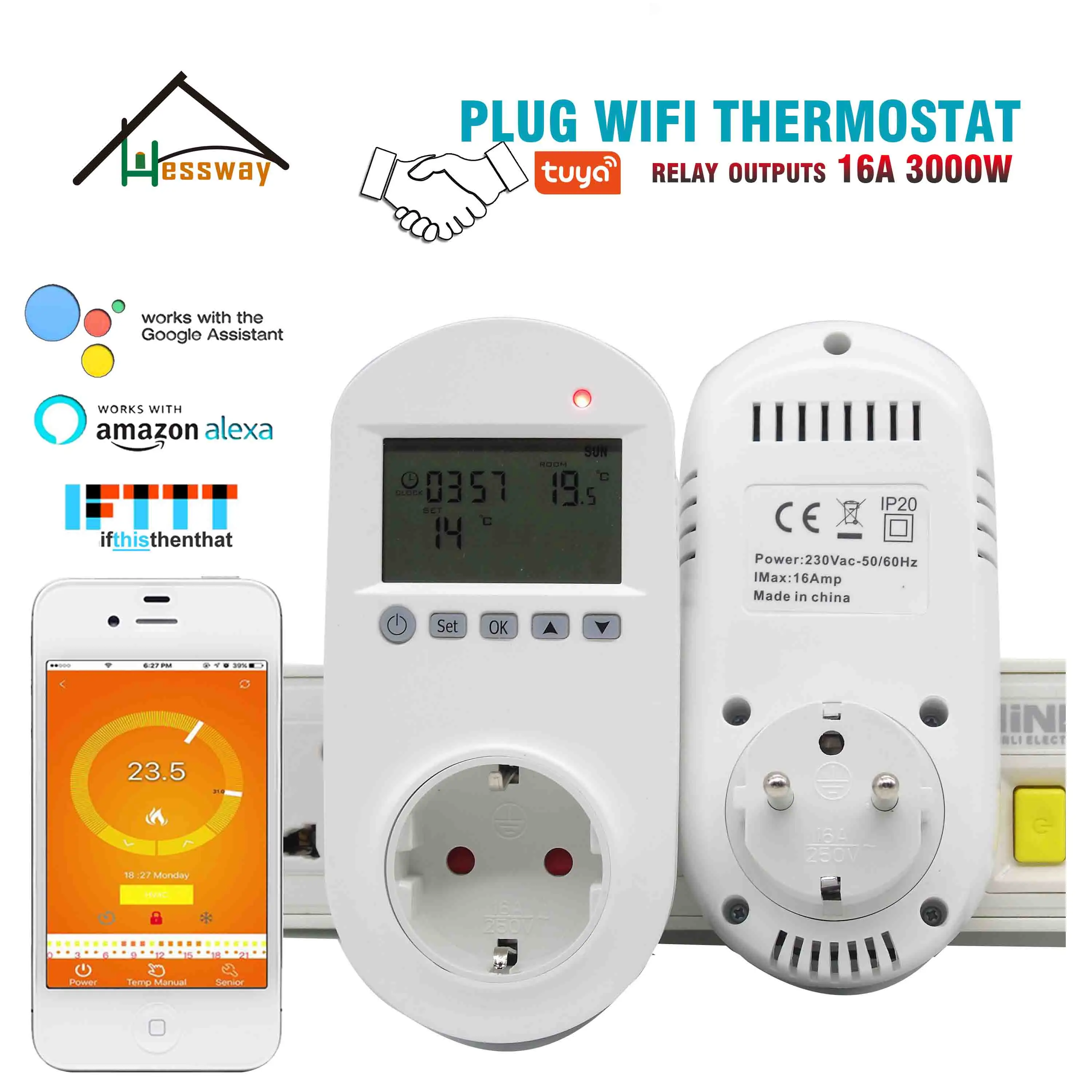 HESSWAY TUYA 16A 3 кВт Wi Fi термостат smart plug EU для электрического подогрева пола|Запчасти