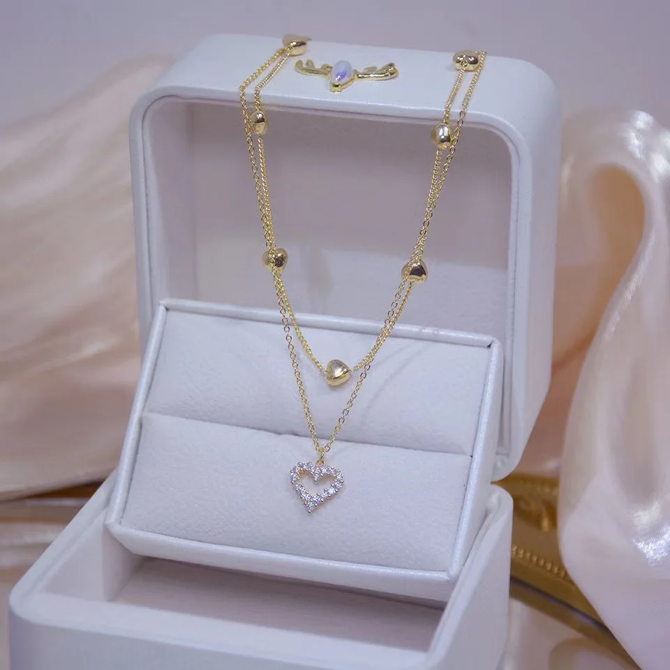 

14k Real Gold Double layer Heart Necklace Shining Bling AAA Zircon Women Clavicle Chain Elegant Charm Wedding Pendant Jewelry