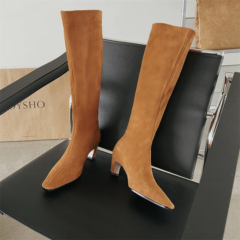 

QZYERAI New Winter Women Knee High Modern Boots Genuine Cow Suede Leather 6cm Strange Style Long Warm Shoes Big Size 34-43