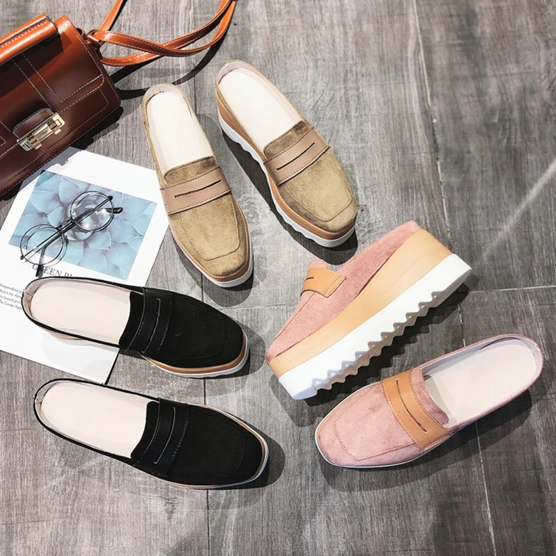 Шлепанцы женские на платформе флоковые сандалии с квадратным носком танкетке