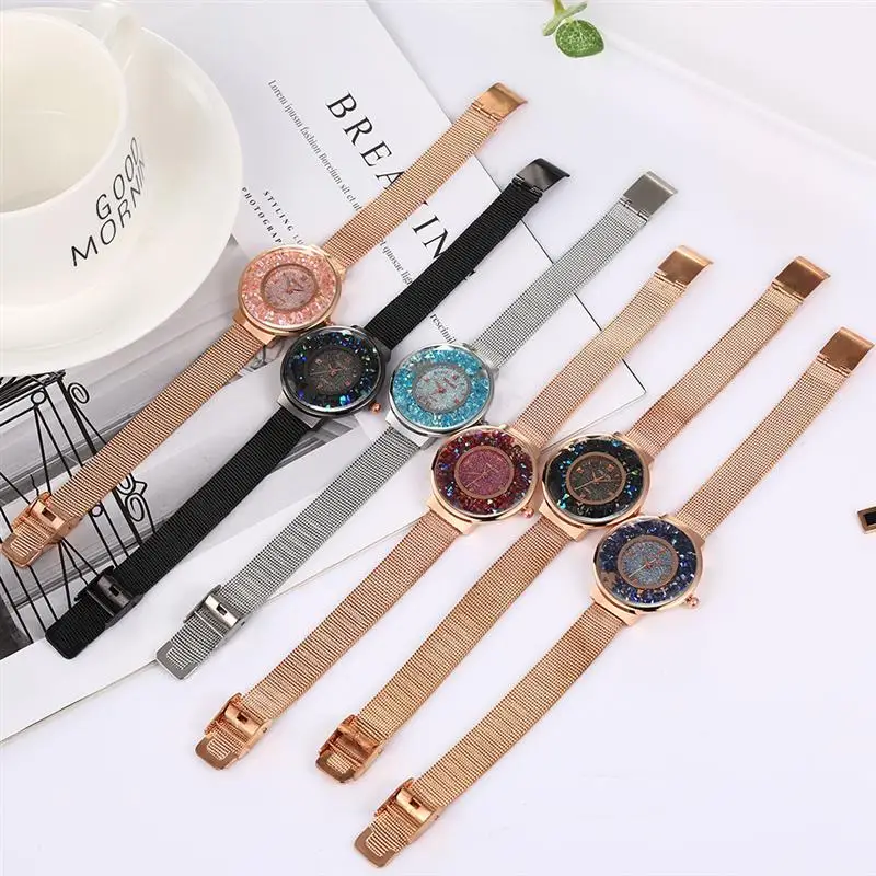 Модные женские часы стразы розовое золото сетчатый ремешок нержавеющая сталь