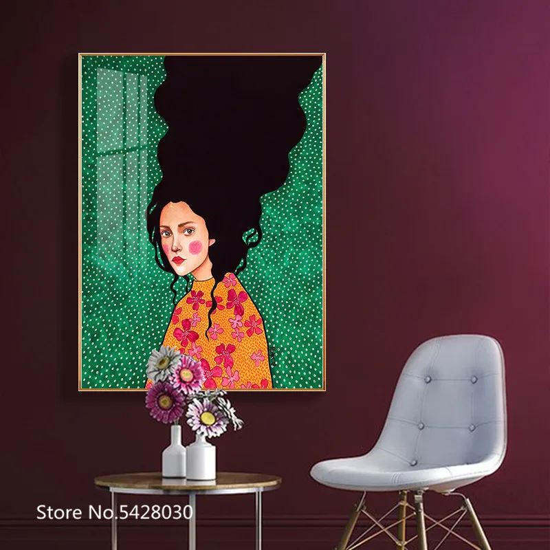 Абстрактная девушка волосы цветок птица настенная Картина на холсте