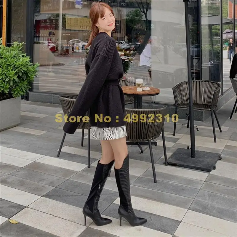 

New Lady Genuine Leather Boots Pointed Toe Pleated Thin High Heels Knee High Boots Women Party Sexy Shoes