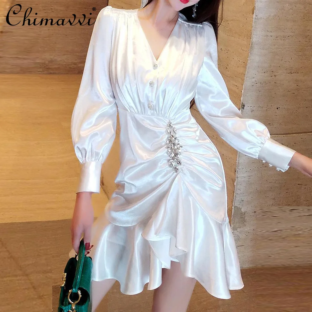 

Spring Dress for Women 2021 French Vintage V-neck High-waist Long Sleeve Dress Slimming Ruffled White Elegant Mini Dress New