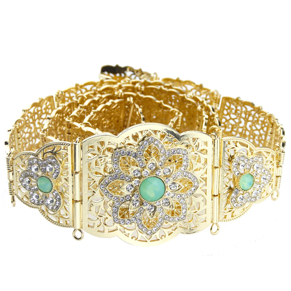 Sunspicems Gold Silver Color Morocco Caftan Belt Mint Green Arabic Women Dress Belt Bride Metal Waist Chain Adjustable Length