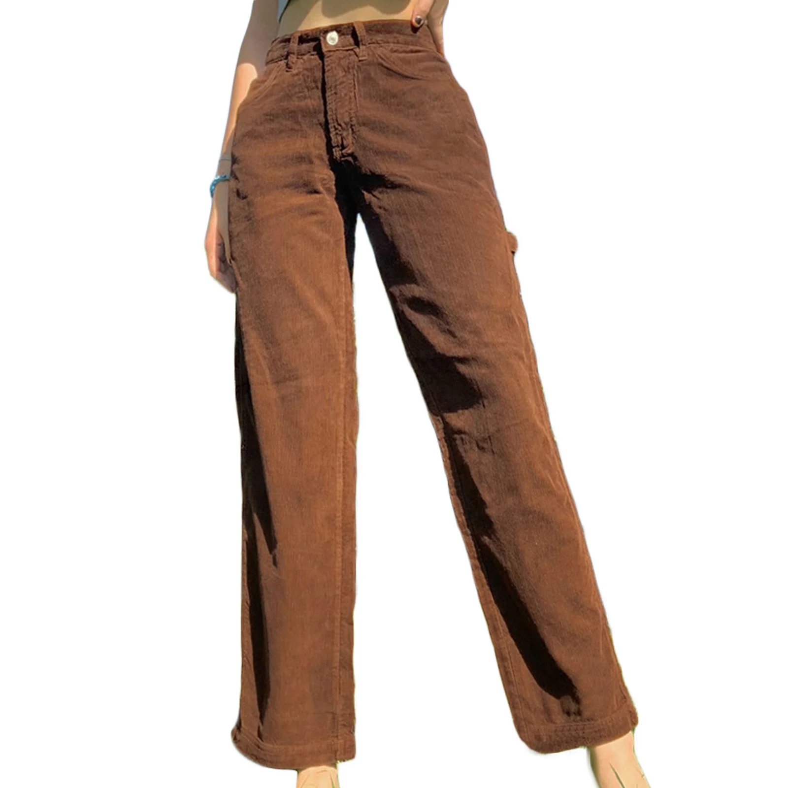 

Women's Wide Leg Corduroy Pants, Vintage High Waist Solid Color Loose Pants with Pockets