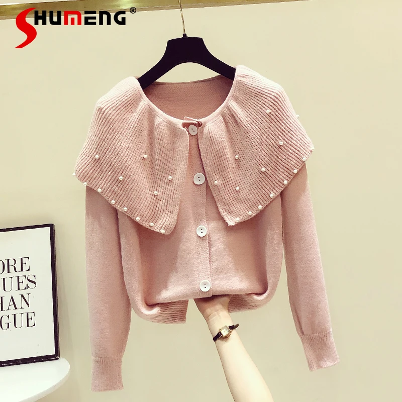 

Женский свитер с воротником «Питер Пэн», розовый вязаный свитер с длинным рукавом, Осень-зима 2021