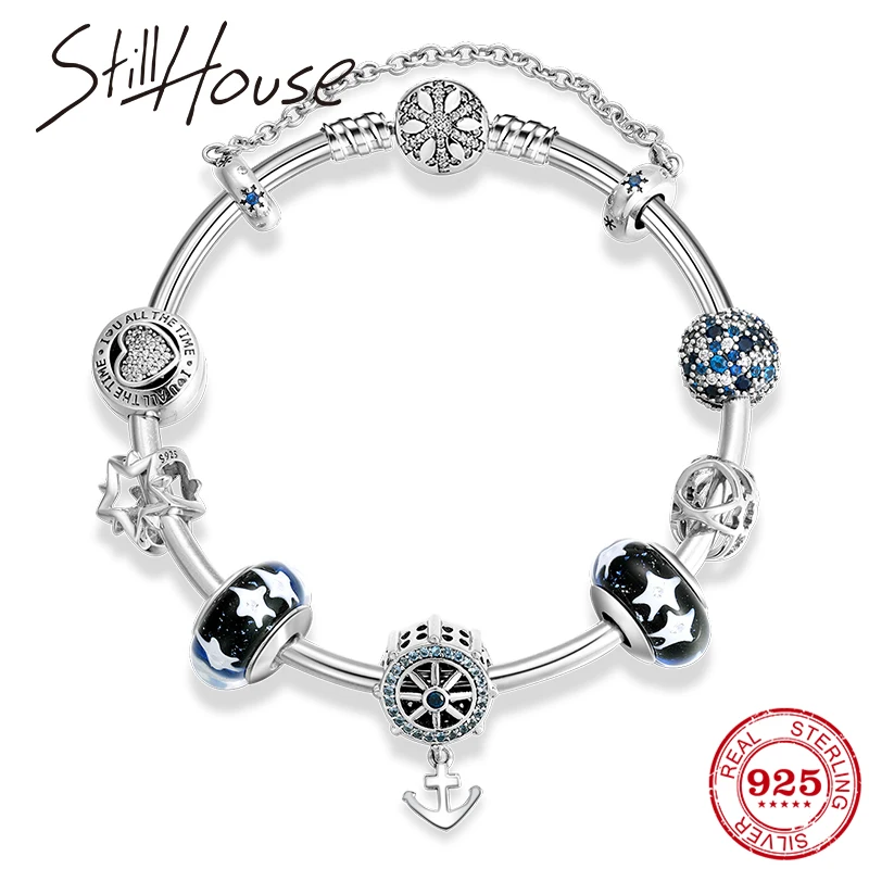 

Hot 925 Sterling Silver Charm blue zircon Anchor Bead Diy bracelet with pendant fashion jewelry Womens accessories