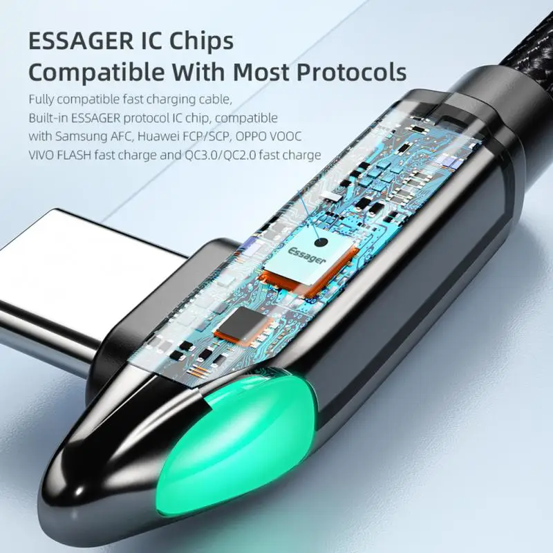 Фото Кабель зарядный Essager USB Type-C 66 Вт 90 градусов со светодиодной подсветкой Мобильные Кабель зарядный Essager USB Type-C 66 Вт 90 градусов со светодиодной подсветкой Мобильные