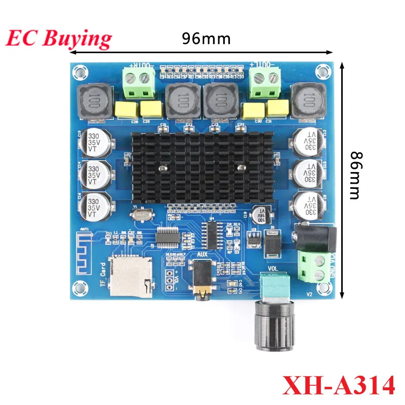 

XH-A314 TDA3116D2 Bluetooth-compatible 5.0 Digital Power Amplifier Board Module 2*100W 50W+50W Stereo Audio Support AUX TF Card