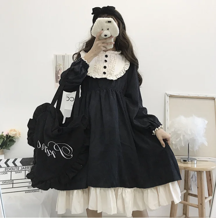 

Mothybot Real Shot Autumn And Winter Lolita Black And White Stitching OP Dress For Girls Party Long Sleeve Dress