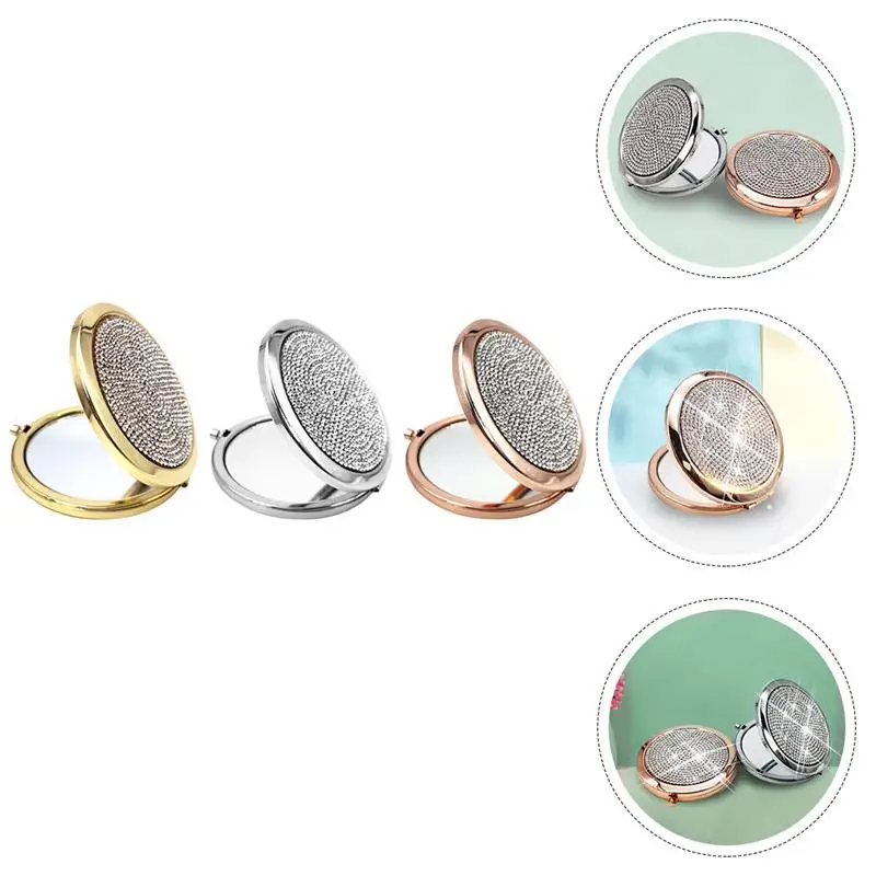 

3Pcs Portable Rhinestone Compact Mirror Travel Purse Makeup Mirror For Women