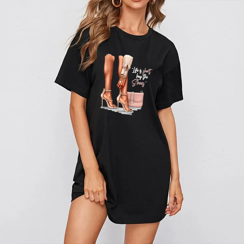 

Plus Size Women Mini Dresses Heels Harajuku Loose Cartoon Print Short Sleeve Casual Tshirt Dress Summer Party Club Streetwear