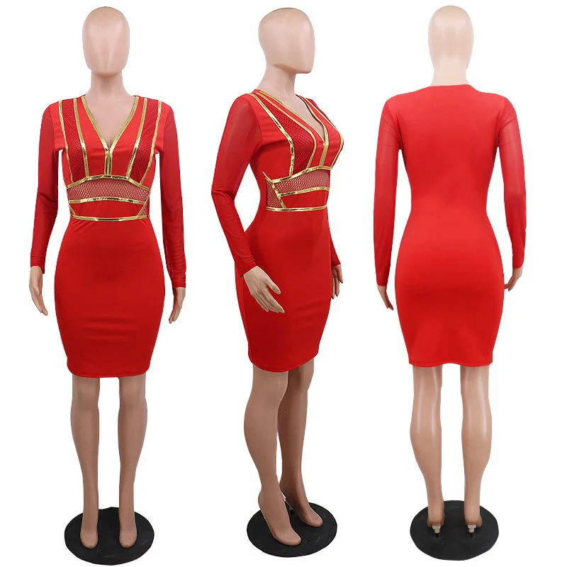 

Cy8286 Models Selling V-neck Mesh Panel Metal Women's Clothing Dress